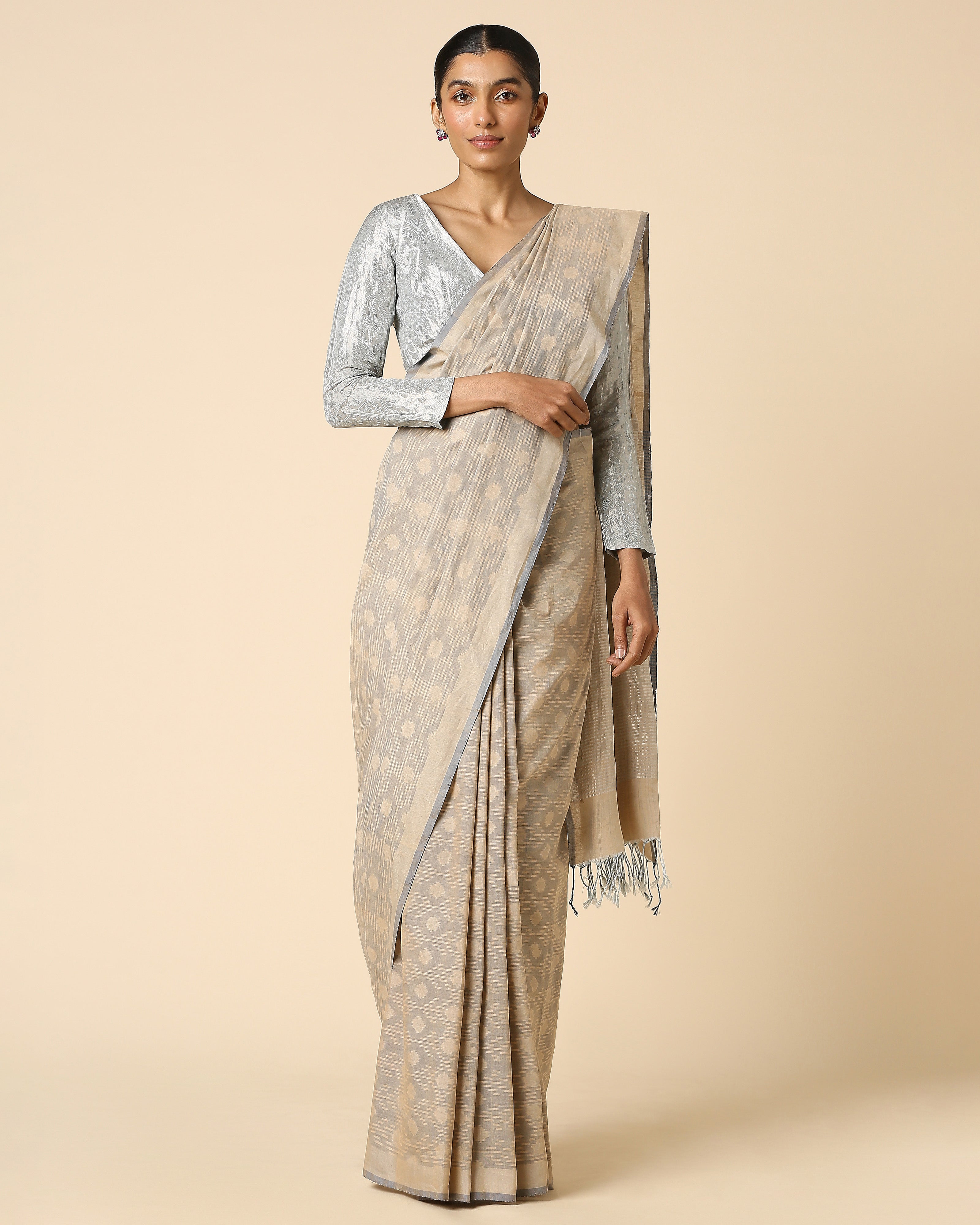 Uktha Pochampally Warp Ikat Brown Cotton Saree