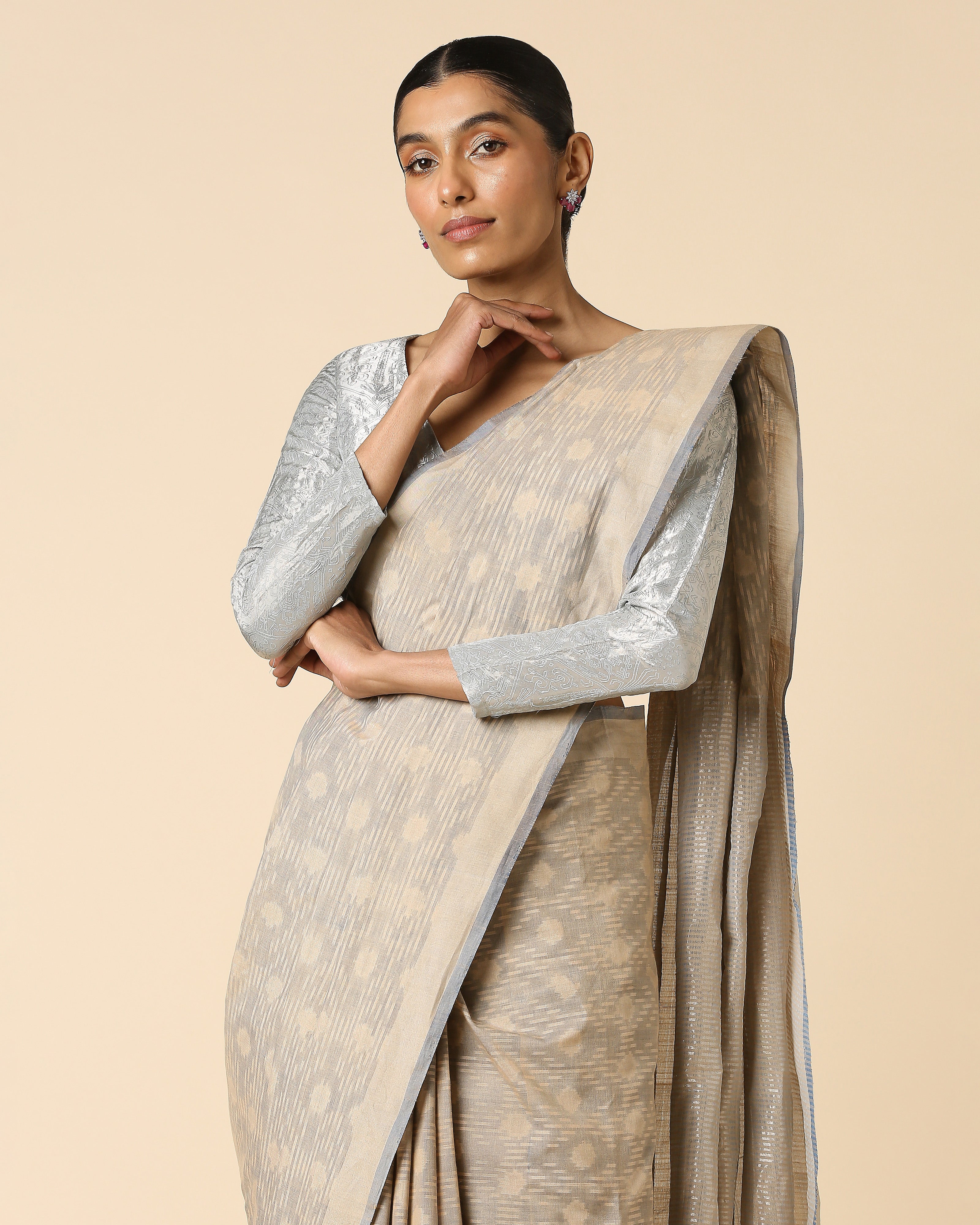 Uktha Pochampally Warp Ikat Brown Cotton Saree