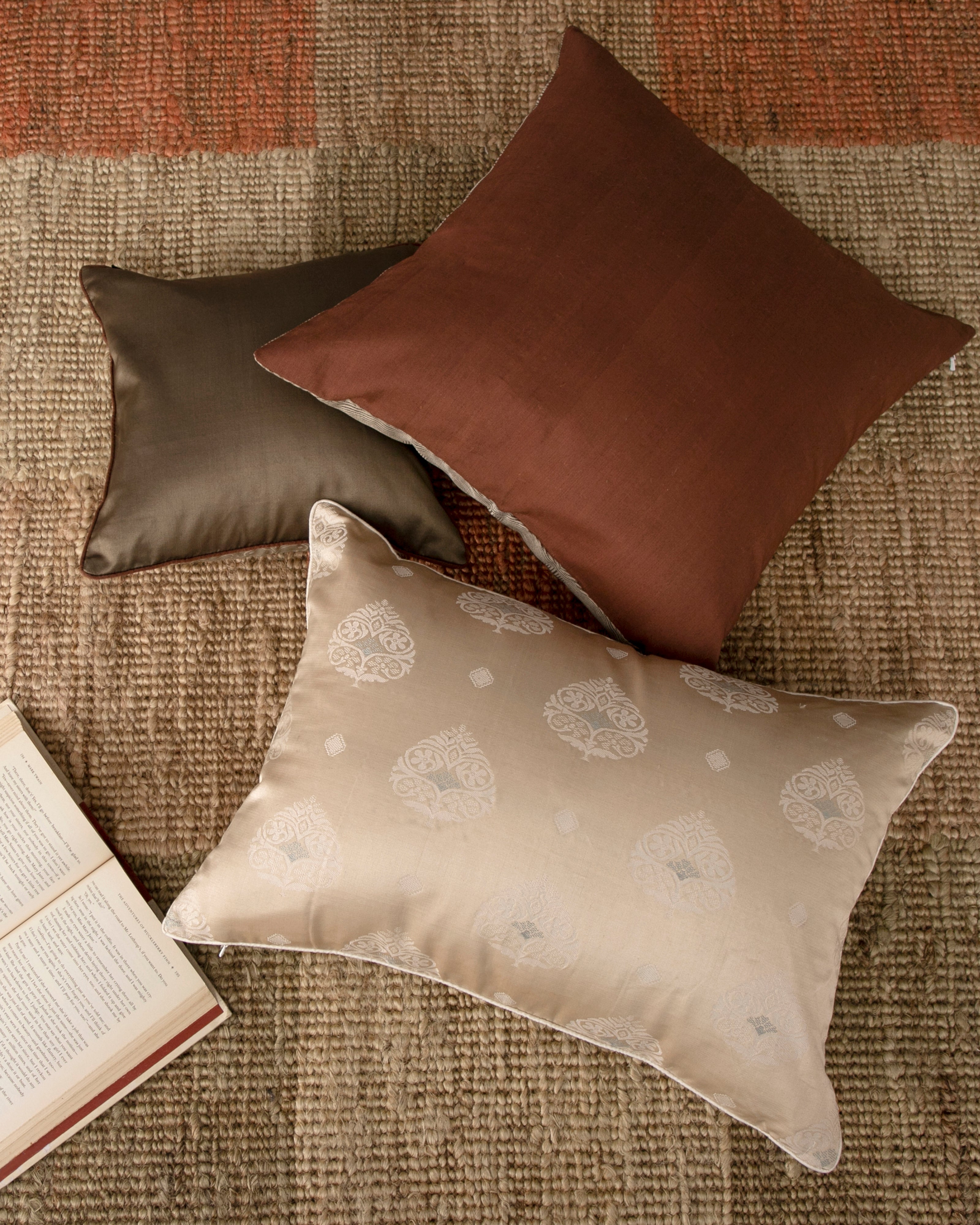 Gopi Satin Brocade Silk Cotton Cushion Cover - Medium beige