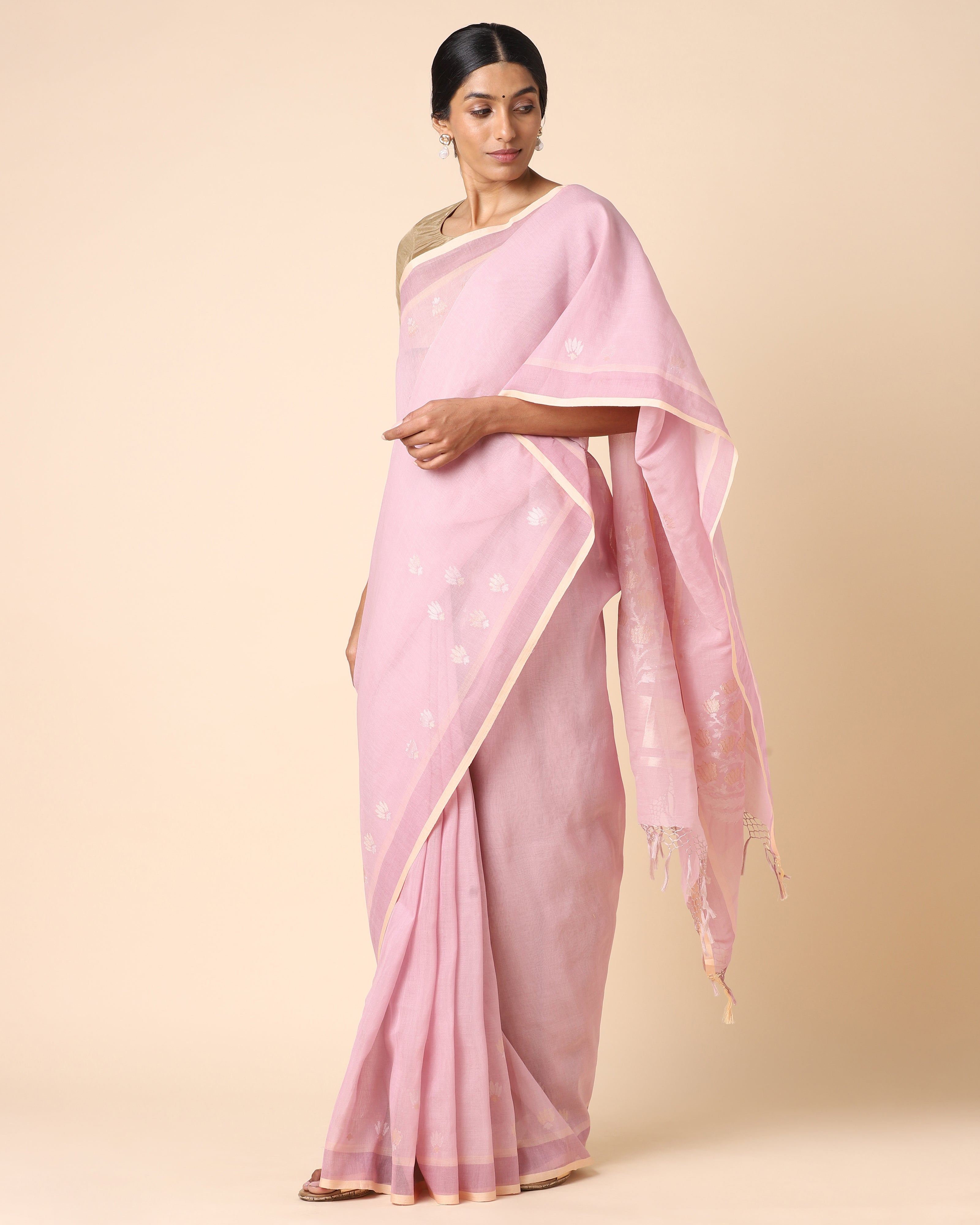 CHARUKRITI Baby Pink Cotton Striped Saree With Unstitched Blouse