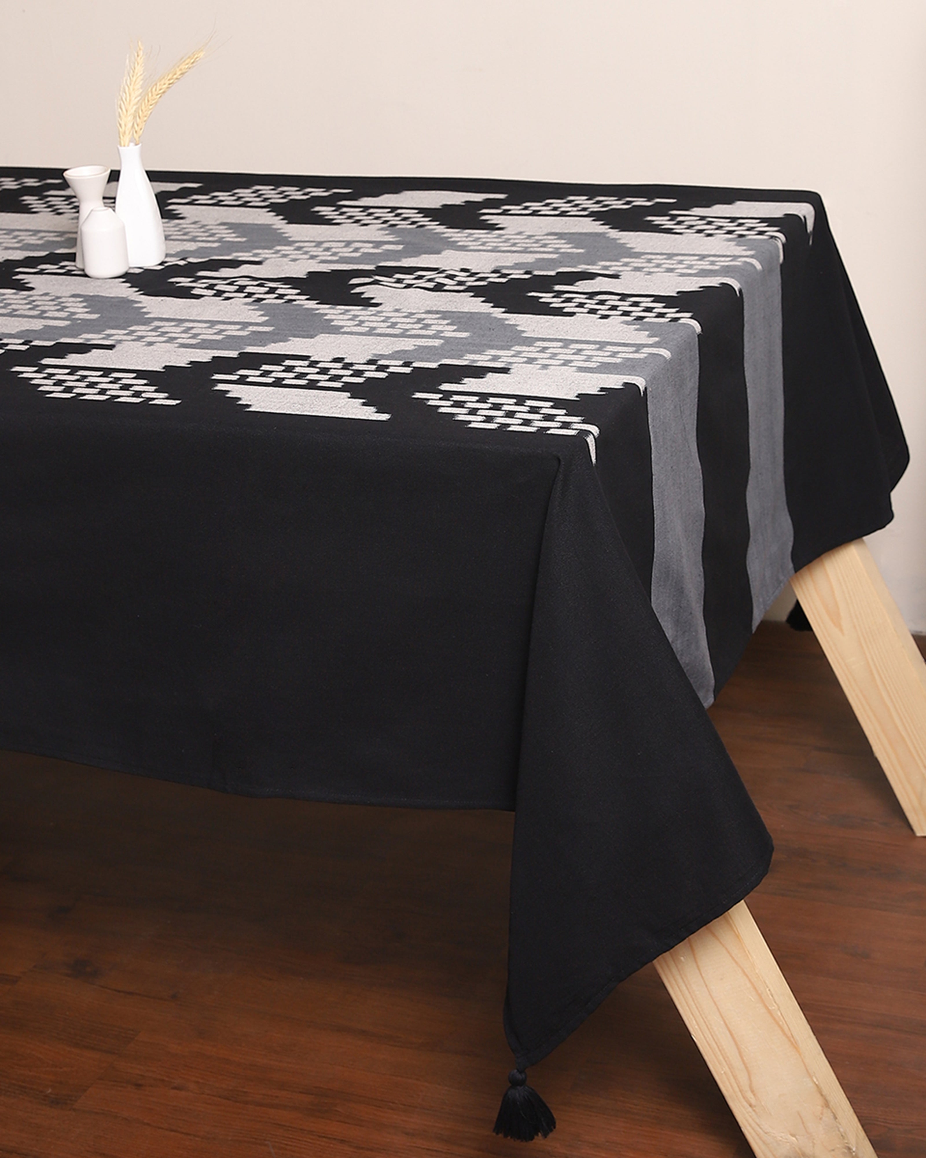 Akshara Warp Ikat Cotton Table Cover - Dark Black
