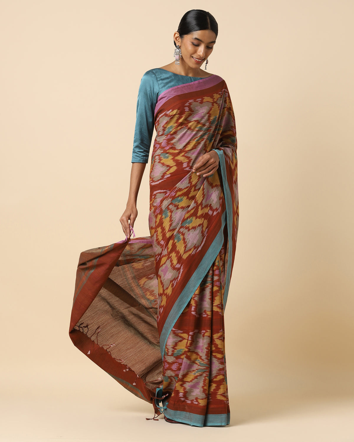 Matisha Matisha Warp Ikat Cotton Saree - Medium Blue