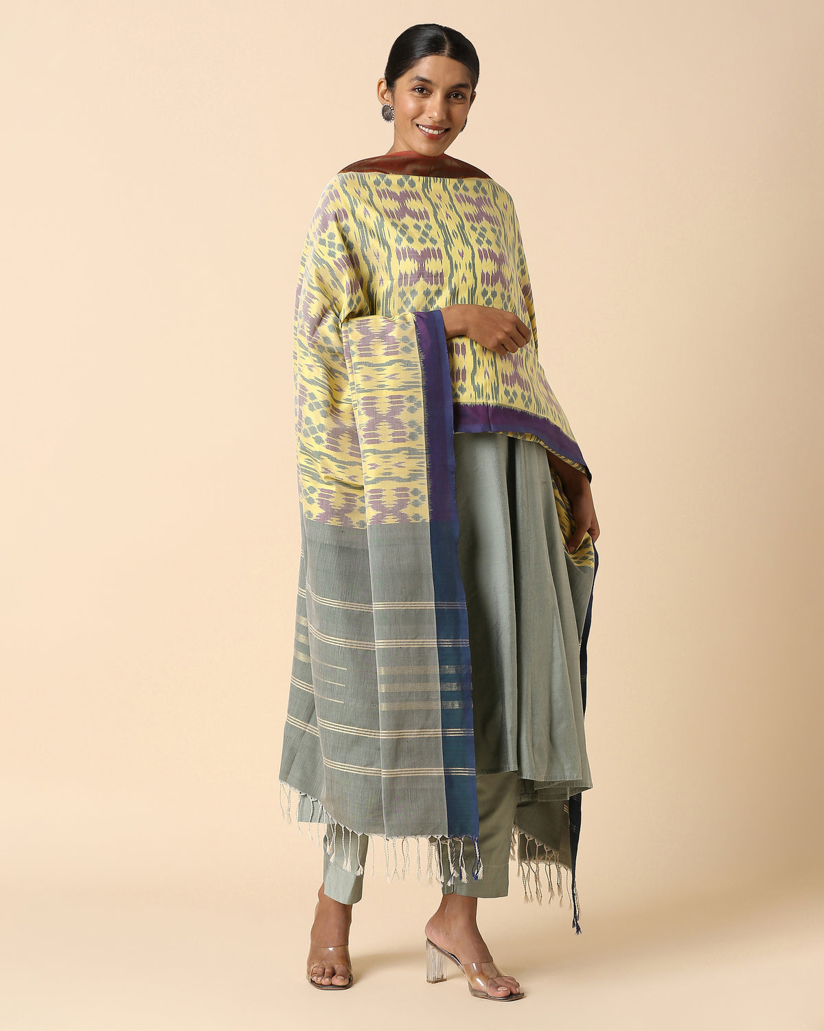 Inala Ss Shop Inala Pochampally Weft Ikat Medium Yellow Cotton Silk Dupatta | Aadyam