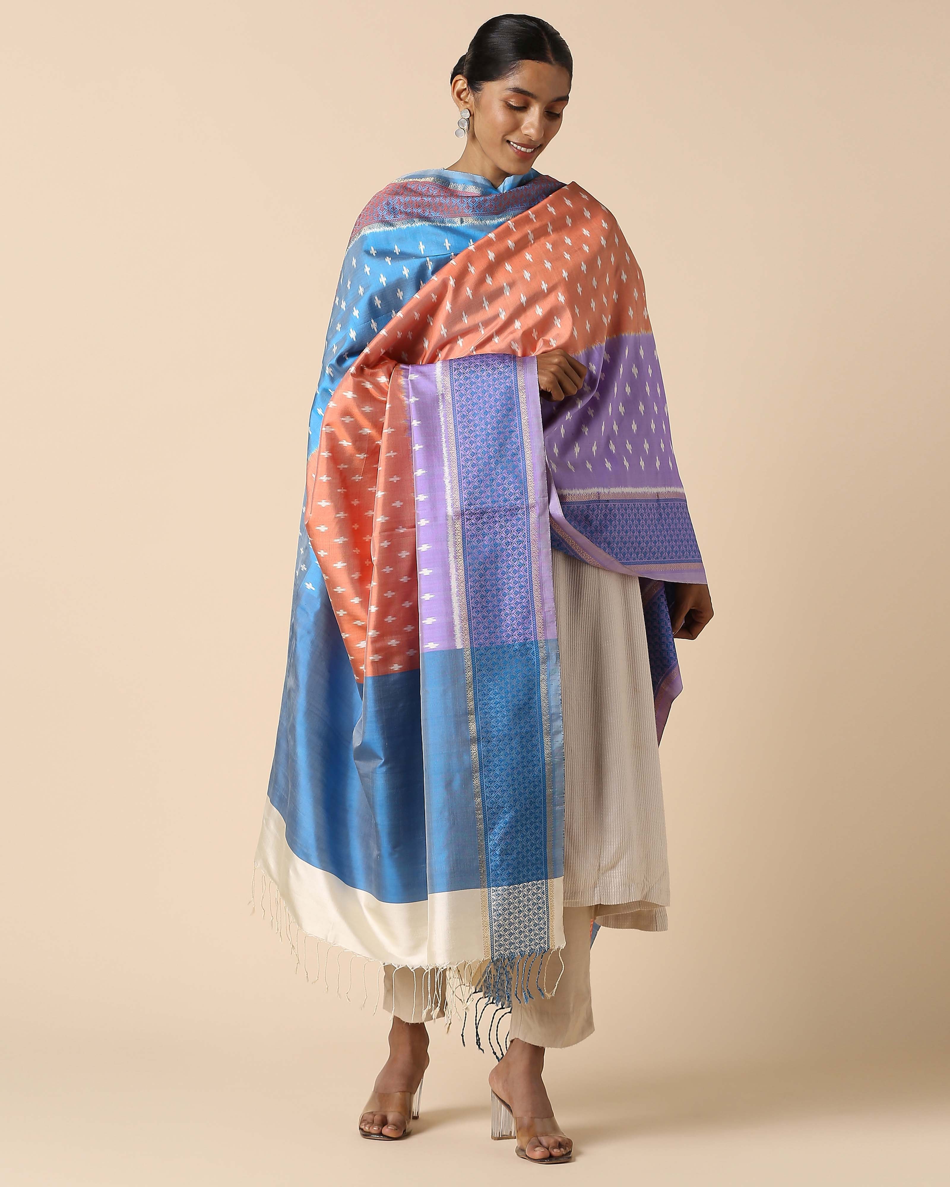 Kafi Pochampally Weft Ikat Silk Dupatta