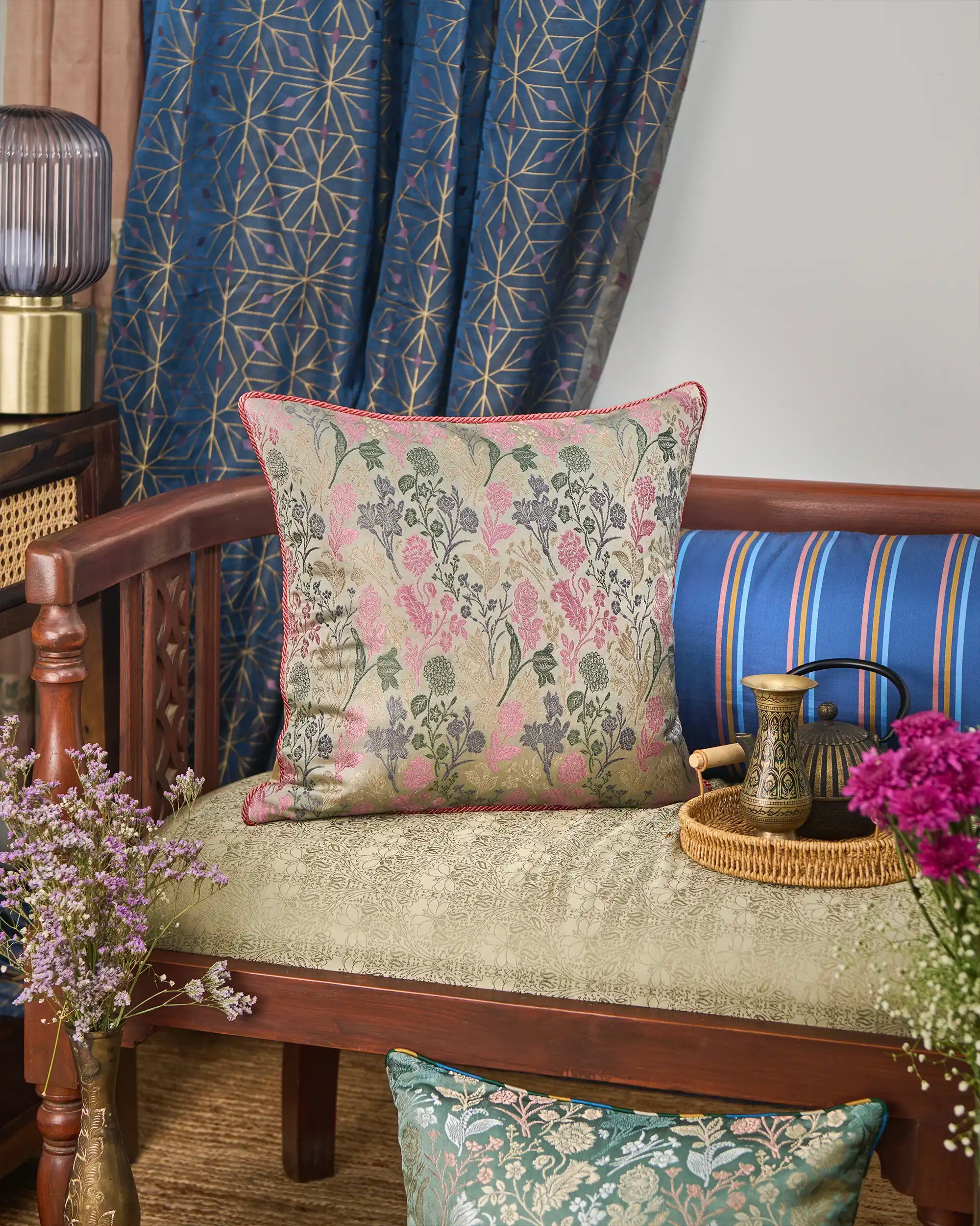 Kaara Banarasi Satin Brocade Silk Viscose Cushion Cover