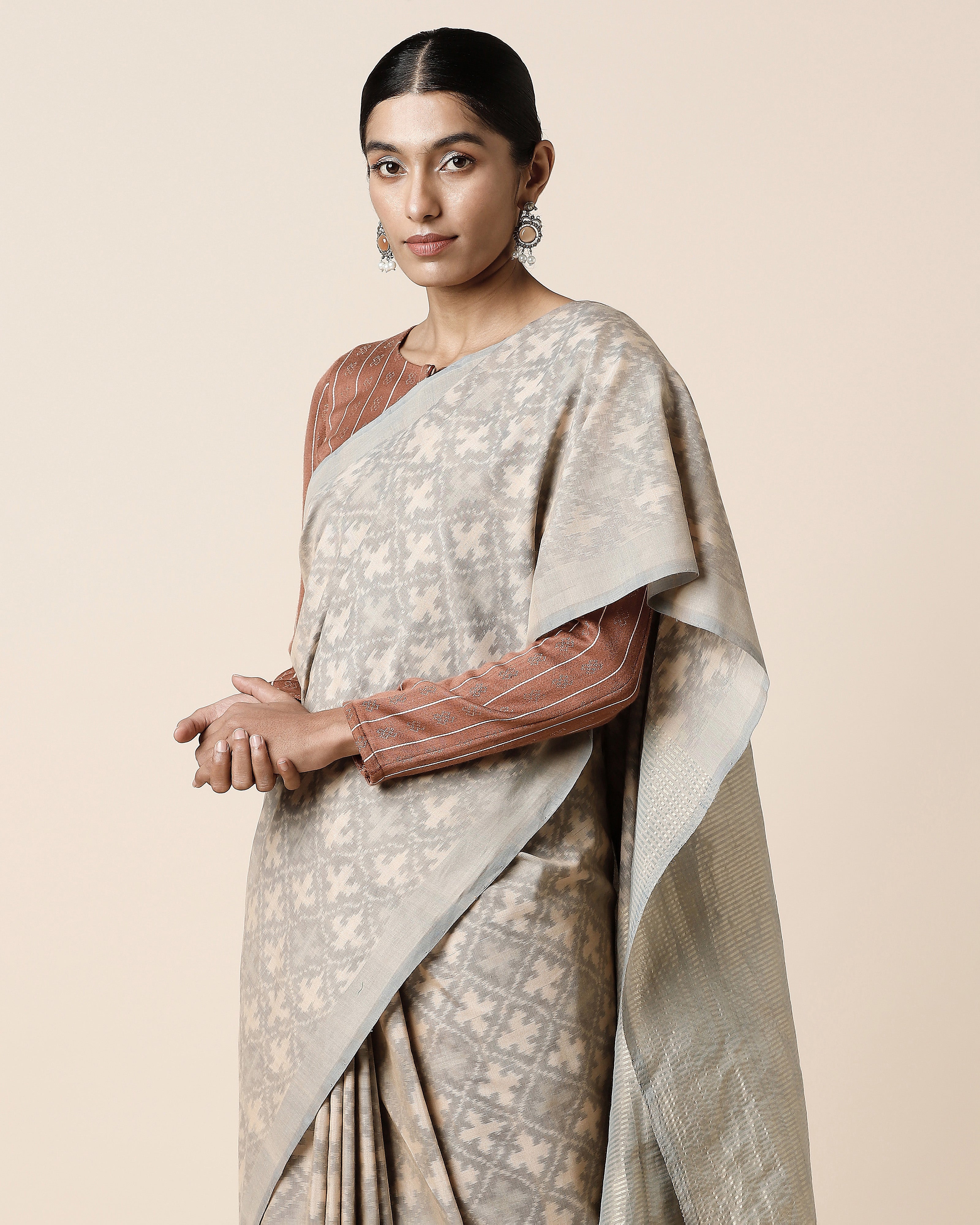 Taran Pochampally Warp Ikat Brown Cotton Saree
